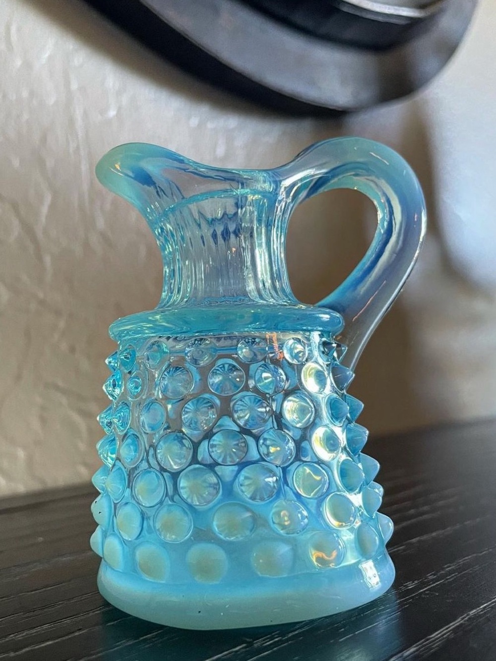 Vintage Fenton Hobnail Blue Cruet, Opalescent Hobnail Glass Oil Cruet w/o lid